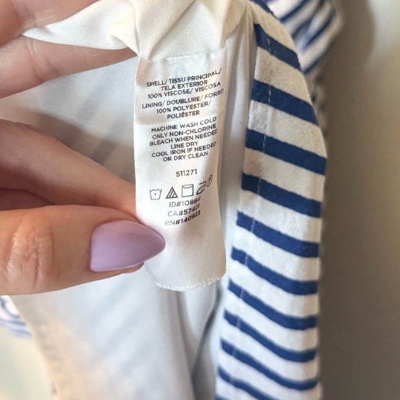 Loft Navy Blue & White Striped Sleeveless V-Neck Dress with Tie Belt- Size 10 - Picture 7 of 8